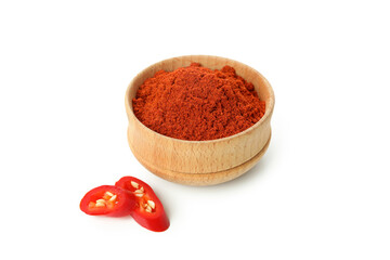 Red hot chili pepper powder and slices isolated on white background