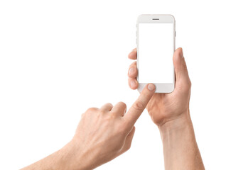 Man with mobile phone on white background