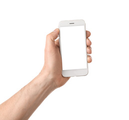 Man with mobile phone on white background