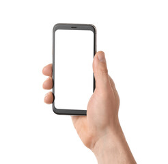Man with mobile phone on white background