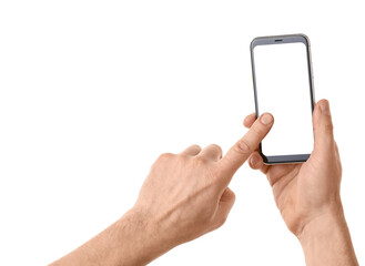 Man with mobile phone on white background