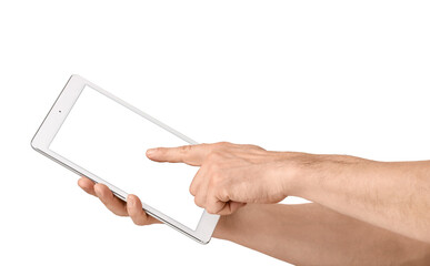 Man with tablet computer on white background