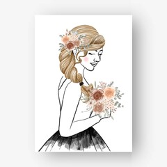 hand drawn Bride with bouquet flower watercolor illustration