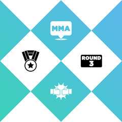 Set Medal, Punch in boxing gloves, Fight club MMA and Boxing ring board icon. Vector