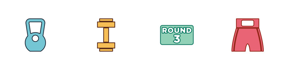 Set Kettlebell, Dumbbell, Boxing ring board and short icon. Vector