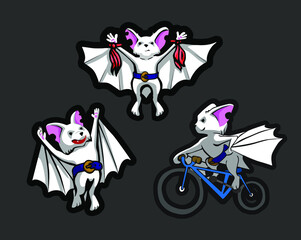 Bat character, tethered, cycling, joy. Illustration for children.