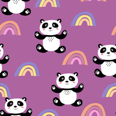 Seamless pattern with cute panda baby and rainbow on color background. Funny asian animals. Card, postcards for kids. Flat vector illustration for fabric, textile, wallpaper, poster, print