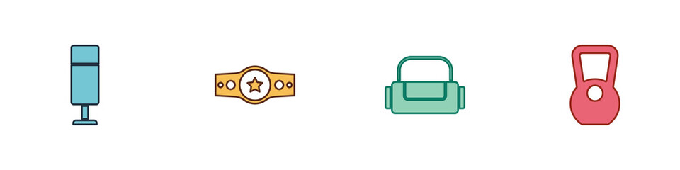 Set Punching bag, Boxing belt, Sport and Kettlebell icon. Vector