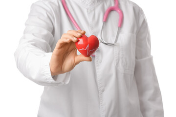 Female cardiologist with red heart on white background