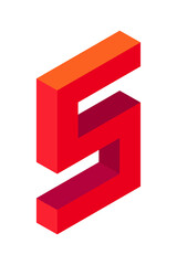Red number 5 in isometric style. Isolated on white background. Learning numbers, serial number, price, place.