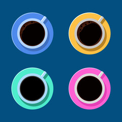 Set of coffee mugs with colorful hot drinks. top view coffee cup. vector