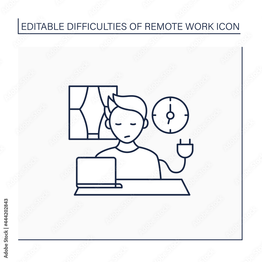 Poster remote work line icon. unplugging after work. low energy level. tired. impossible to maintain produc