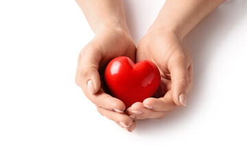 Female hands with red heart on white background