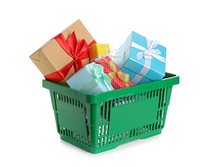Shopping basket with gift boxes on white background
