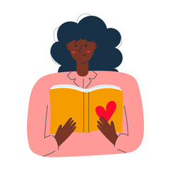 African American woman with book, love reading, education. concept. Flat illustration.