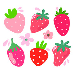 Set of hand drawn strawberries, cute berry. Modern illustration.