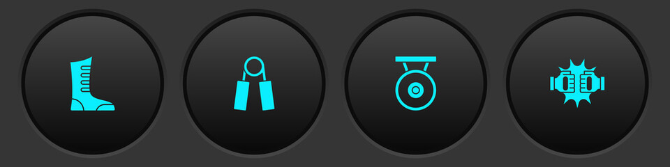 Set Sport boxing shoes, expander, Gong and Punch gloves icon. Vector