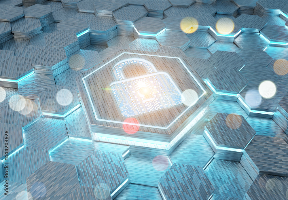 Aufkleber web security icon concept engraved on metal hexagonal pedestral background. padlock logo glowing on 