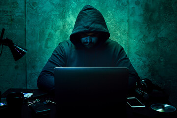 Hacker programmer using computer in dark room