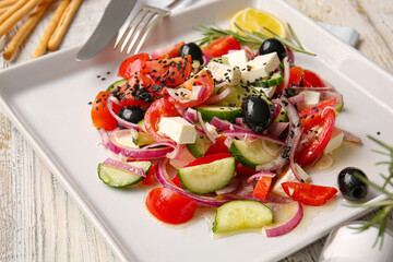 Plate with tasty Greek salad on light wooden background, closeup