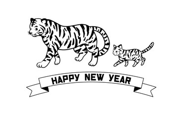 2022年年賀状　シンプルなトラと猫のイラスト素材