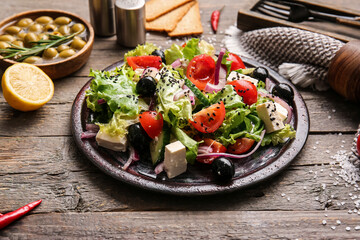 Plate with tasty Greek salad and ingredients on wooden background