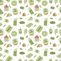 Organic matcha tea Seamless Psttern. Matcha latte,cupcake,roll,powder,macaroon,tea.