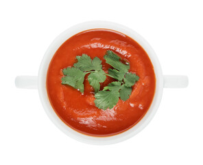 Bowl with tasty gazpacho on white background