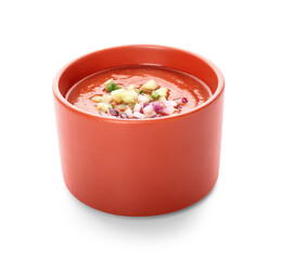 Bowl with tasty gazpacho on white background