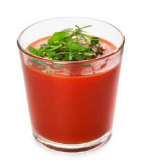 Glass with tasty gazpacho on white background