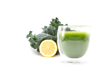Fresh kale smoothie, Green vegetable drink with fiber on white background. Healthy food concept