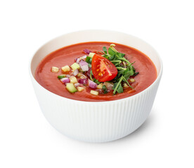 Bowl with tasty gazpacho on white background