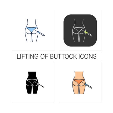 Cosmetic injection icons set.Injection into buttocks.Correction, lifting of buttock. Surgery. Beauty cosmetic procedure.Collection of icons in linear,filled, color styles.Isolated vector illustrations