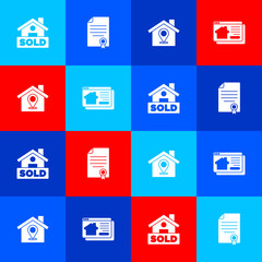 Set Hanging sign with text Sold, House contract, Location house and Online real estate icon. Vector