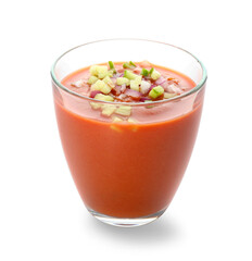 Glass with tasty gazpacho on white background