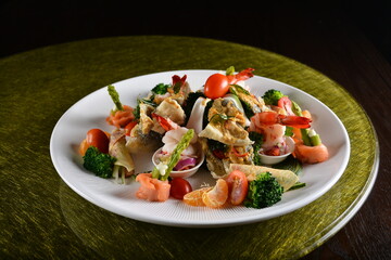 asian premium banquet appetiser menu cold platter combo on gold background dining table