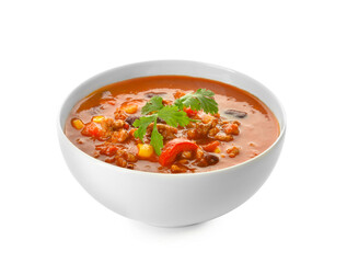 Bowl with delicious chili con carne on white background