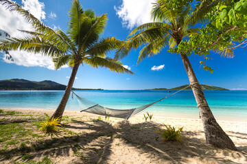 Fototapeta na wymiar Hammock under palm trees on a beach in Fiji