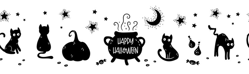 Fun hand drawn cats, cute halloween seamless pattern, great as background, textiles, banners, wallpapers, wrapping - vector design © TALVA