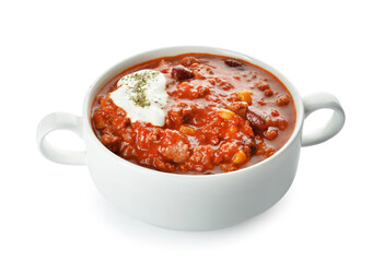 Pot with delicious chili con carne on white background