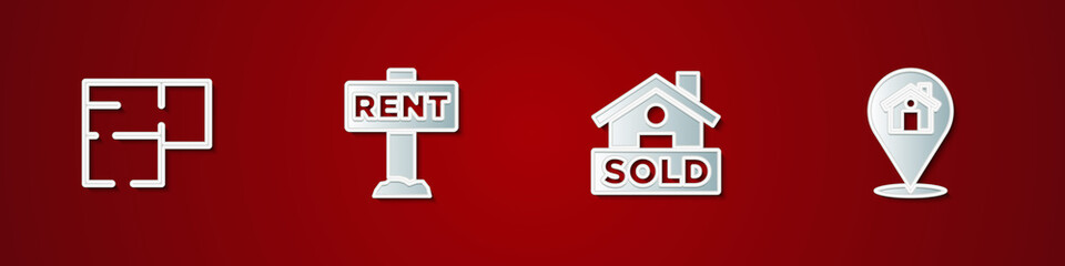 Set House plan, Hanging sign with Rent, text Sold and Location house icon. Vector