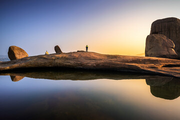 Fototapeta premium Beautiful ancient architecture of temples on Hemakuta Hill, Hampi, Karnataka, India.