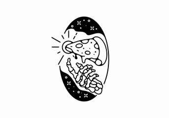 Black line art illustration of skeleton hand and pizza
