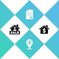 Set Hanging sign with Sale, Location house, House contract and dollar symbol icon. Vector