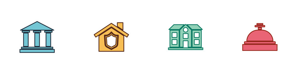 Set Museum building, House with shield, and Hotel service bell icon. Vector