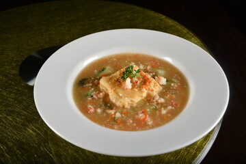 asian premium banquet menu braised homemade bean curd tofu in thick seafood gravy sauce on gold background dining table