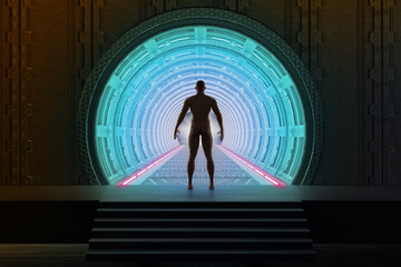 Illustrazione 3D. Uomo che rappresenta l'umanità è in piedi di fronte al tunnel che rappresenta il futuro, la speranza, la scoperta scientifica, il progresso, la conquista di conoscenza e dello spazio