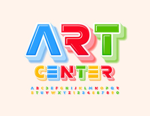 Vector colorful sign Art Center. 3D abstract Alphabet Letters and Numbers set. Creative bright Font