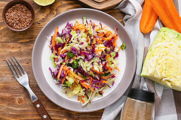 Plate with tasty cabbage salad and ingredients on wooden table