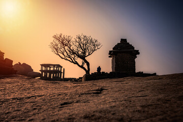 Beautiful ancient architecture of temples on Hemakuta Hill, Hampi, Karnataka, India.